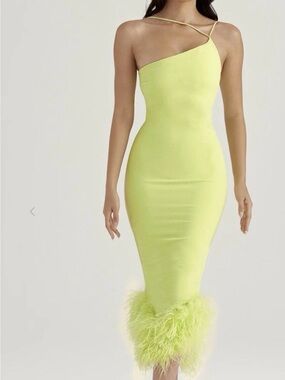 House of CB Alessia Asymmetric Feather Trim Midi Dress Green Size Large $299